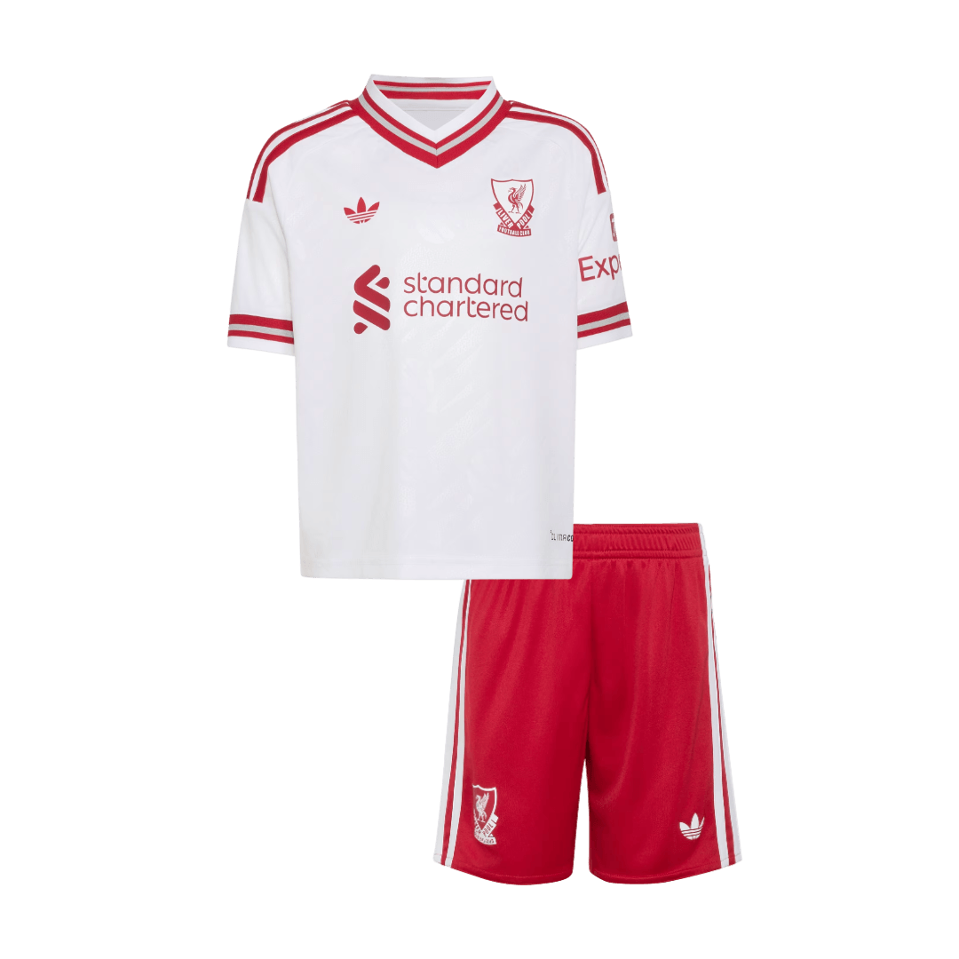 Liverpool lasten vierasjalkapallosetti 2026/27 – pelipaita ja shortsit edestä
