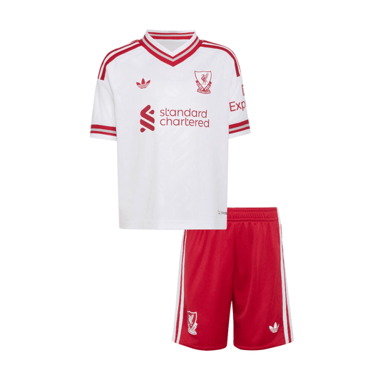 Liverpool lasten vierasjalkapallosetti 2026/27 – pelipaita ja shortsit edestä